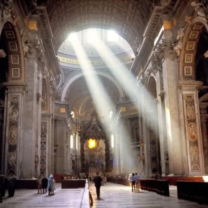 Framed Print : Shafts of sunlight pour through the windows above the Papal Altar in St. Peter s