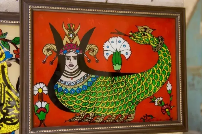 Framed Print : Shahmeran (Shahmaran) painted on glass, Mardin, Southeast Anatolia, Turkey