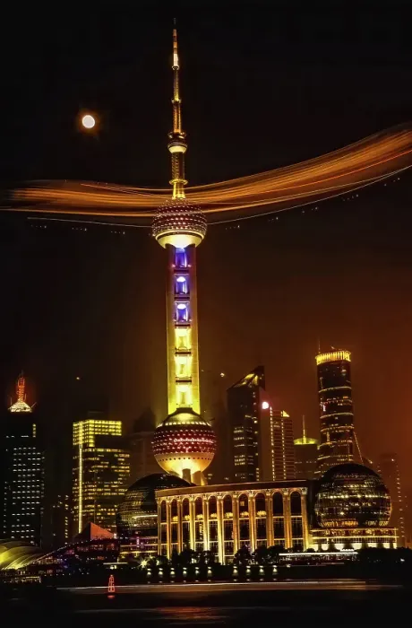 Framed Print : Shanghai TV Tower, Pudong, Night shot with moon and blimp Framed Print : Shanghai TV Tower, Pudong, Night shot with moon and blimp