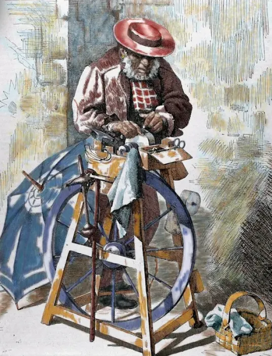 Framed Print : Sharpener street. Colored engraving by E. Alba on a life drawing by D. F. Guisasola. 1879 Framed Print : Sharpener street. Colored engraving by E. Alba on a life drawing by D. F. Guisasola. 1879