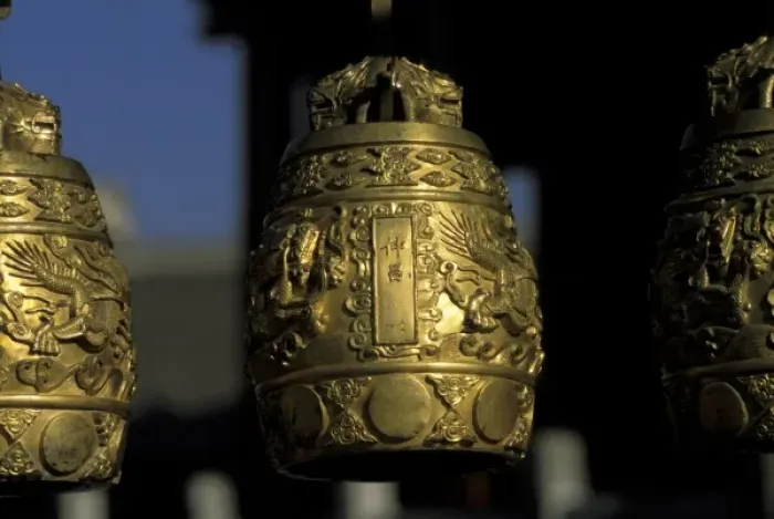 Framed Print : Shenyang, China, Three ancient golden carved bells Framed Print : Shenyang, China, Three ancient golden carved bells