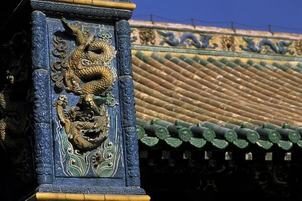 Shenyang, China, close-up of ornate tile work and carvings at the Imperial Palace