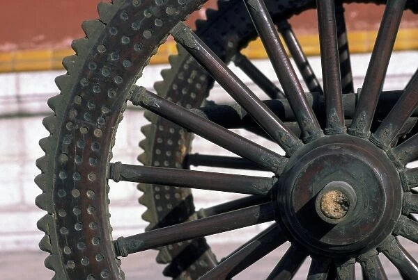 Shenyang, China, Close-up of the wooden wheel of an Emperors ceremonial carriage
