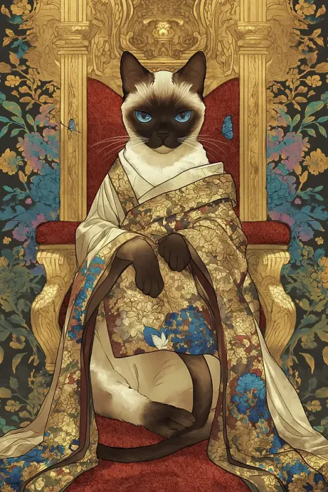Framed Print : Siamese Cat on Throne. Illustration style. (AI Generated) Framed Print : Siamese Cat on Throne. Illustration style. (AI Generated)