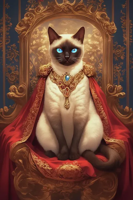 Framed Print : Siamese Cat on Throne. Painting style. (AI Generated) Framed Print : Siamese Cat on Throne. Painting style. (AI Generated)