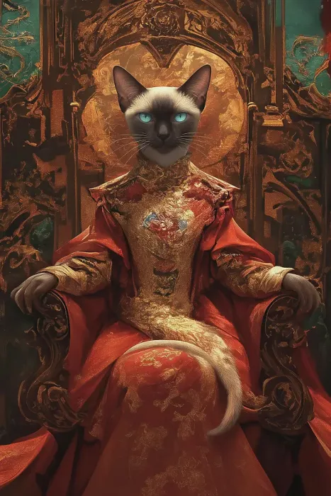 Framed Print : Siamese Cat on Throne. Painting style. (AI Generated)