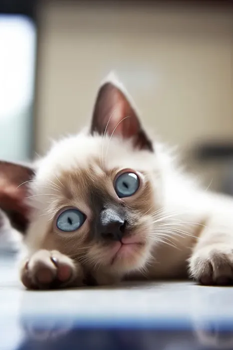Framed Print : Siamese kitten lying on blanket. (AI Generated)