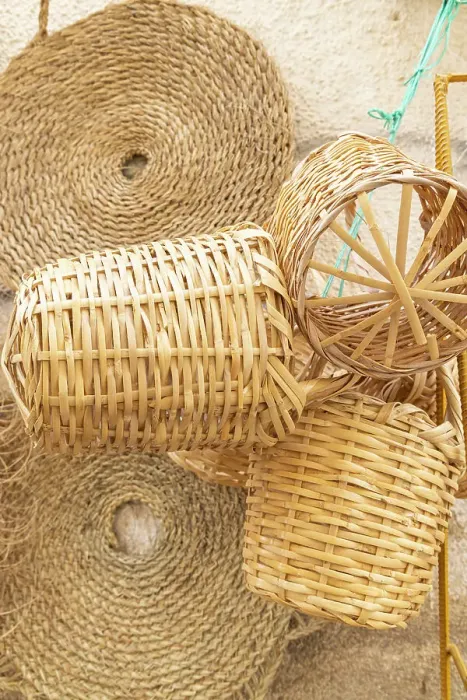 Framed Print : Sidi Bouzid, Tunisia. Woven baskets for sale at the outdoor souk in Bir al Haffay