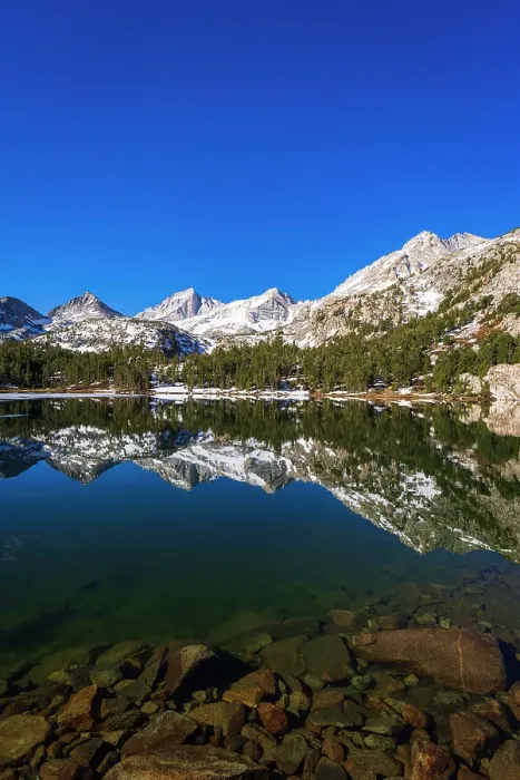 Framed Print : Sierra peaks reflected in Long Lake, Little Lakes Valley, John Muir Wilderness, California, USA