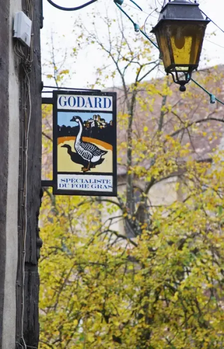 Framed Print : Sign advertising Godard Foie Gras, Duck or Goose fat liver. Tree and lantern in background Framed Print : Sign advertising Godard Foie Gras, Duck or Goose fat liver. Tree and lantern in background