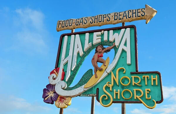 Sign for Haleiwa town on north shore of Oahu, Hawaii