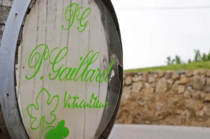 Framed Print : Sign on an old barrel welcoming visitors to Pierre Gaillard Winery, viticulteur