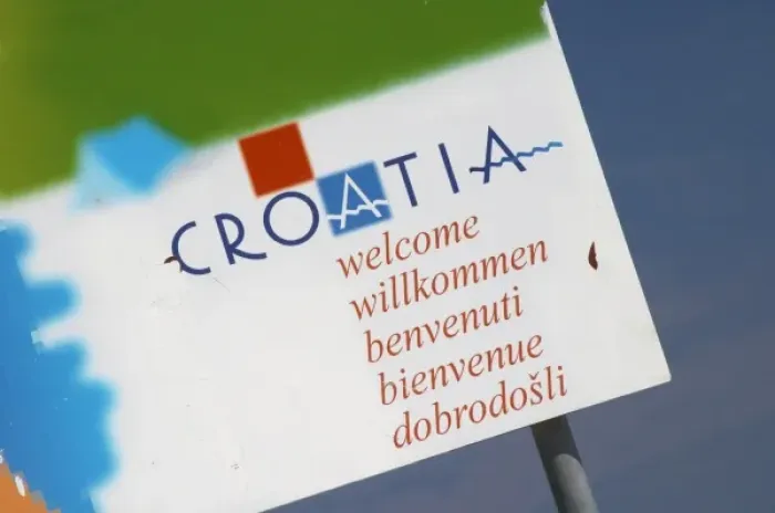 Framed Print : A detail of a sign saying Croatia Welcome Orebic town, holiday resort on the south