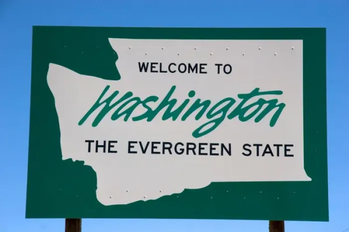 Framed Print : A sign welcoming you to Washington state