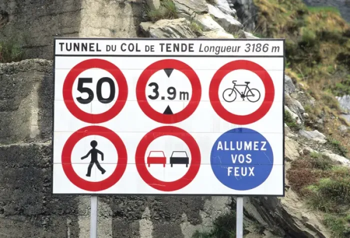 Framed Print : Signs at an entrance to a tunnel in France. french, france, francaise, francais