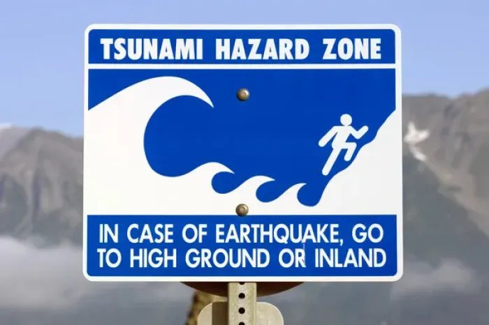 Framed Print : Signs are posted along the streets of Seward Alaska to warn people of possibility of tsunami