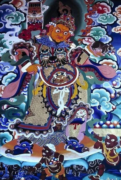 Sikkim, Gangtok. A fiercely striking painting decorates the walls of Rumtek Monastery