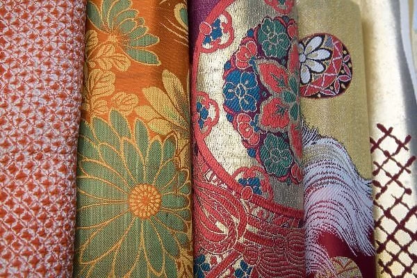 Silk fabric on display in shop in historic Yanaka neighborhood, Tokyo, Japan