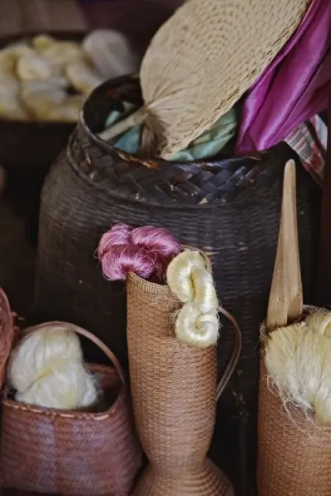Framed Print : Silk thread and silk material in baskets, Chiang Mai, Thailand Framed Print : Silk thread and silk material in baskets, Chiang Mai, Thailand