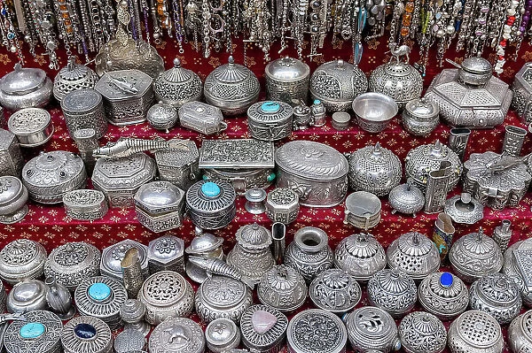 Silver handcrafted objects for sale at the Muttrah Souq. Muttrah, Muscat, Oman