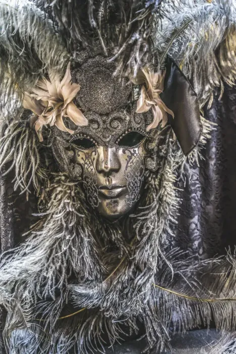 Framed Print : Silver Venetian mask feathers, Venice, Italy. Used since 1200s for Carnival