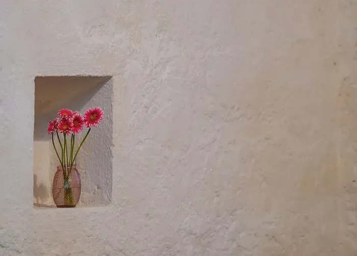Framed Print : Simple floral tribute growing a niche in the great stone walls of Ballintubber Abbey, County Mayo, Ireland