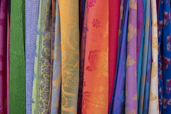 Singapore, Chinatown. Detail of typical textile souvenir scarves