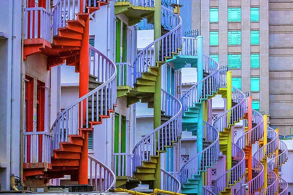 Singapore. Colorful staircases in Little India section of city