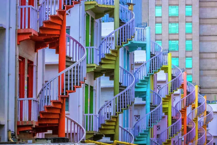 Framed Print : Singapore. Colorful staircases in Little India section of city