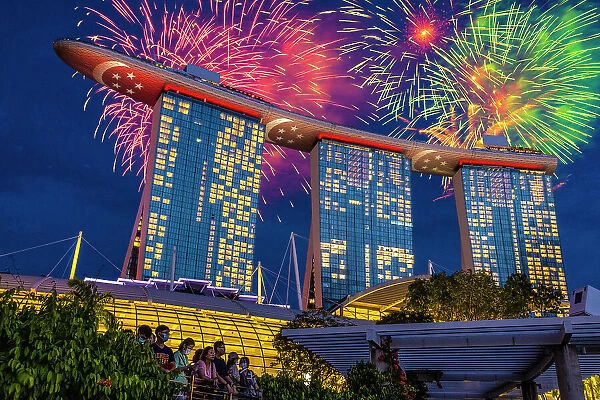 Singapore. Night fireworks over Marina Bay Sands Hotel to celebrate independence. (Editorial Use Only)