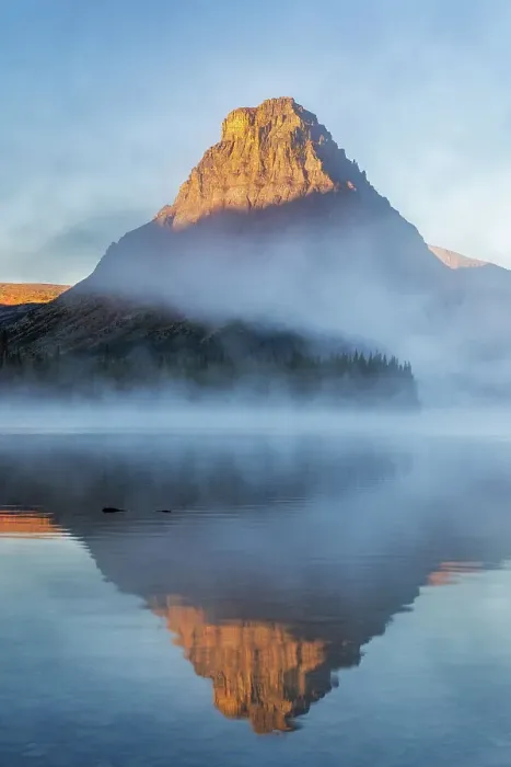 Framed Print : Sinopah Mountain and foggy sunrise over Two Medicine Lake in Glacier National Park, Montana, USA Framed Print : Sinopah Mountain and foggy sunrise over Two Medicine Lake in Glacier National Park, Montana, USA