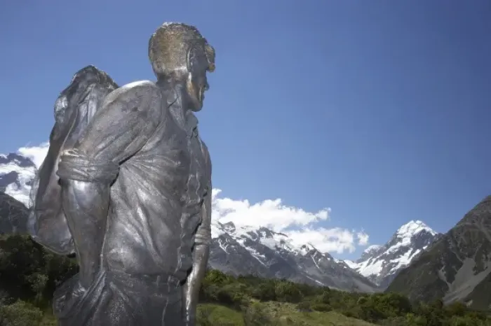 Framed Print : Sir Edmund Hillary Statue and Aoraki Mt Cook, The Hermitage, Aoraki Mt Cook National Park