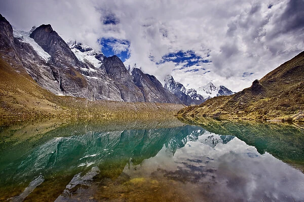 Siula Lake, Jirishanca, Jirishanca Chico, and Yerupaja, Cordillera Huayhuish, Andes Mountains