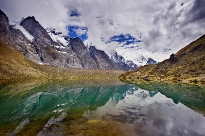 Framed Print : Siula Lake, Jirishanca, Jirishanca Chico, and Yerupaja, Cordillera Huayhuish, Andes Mountains