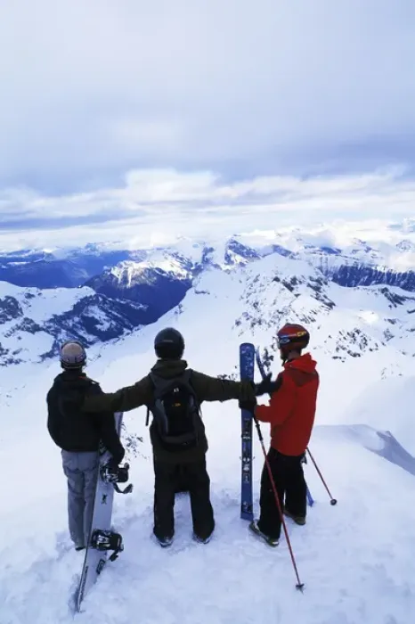 Framed Print : Skiers on top of the Swiss Alps at Schilthorn in Murren, Switzerland