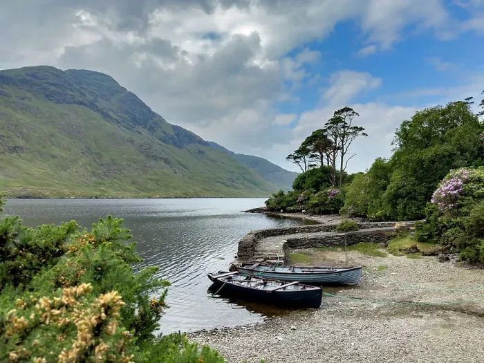 Framed Print : Skiffs await passengers on the shores of Doo Dough, Ireland Framed Print : Skiffs await passengers on the shores of Doo Dough, Ireland