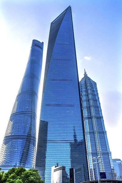 Three skyscrapers reflections, Lujiazui, Financial District, Shanghai, China. Shanghai Tower