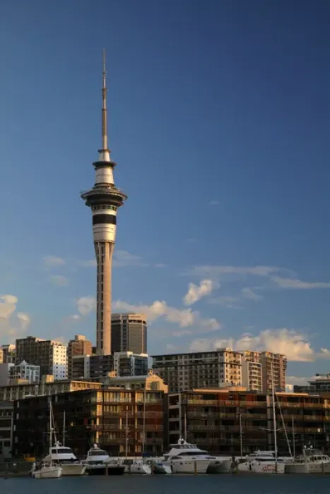 Framed Print : Skytower, Central Business District, and yachts, Viaduct Harbour, Auckland, North Island, New Zealand