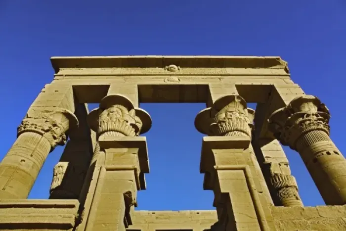 Framed Print : Skyward view of columns, Temple of Philae, on Agilika, an island in the Nile River