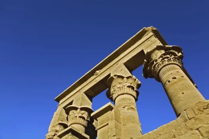 Framed Print : Skyward view of columns, Temple of Philae, on Agilika, an island in the Nile River