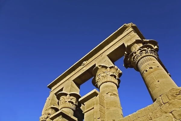 Skyward view of columns, Temple of Philae, on Agilika, an island in the Nile River