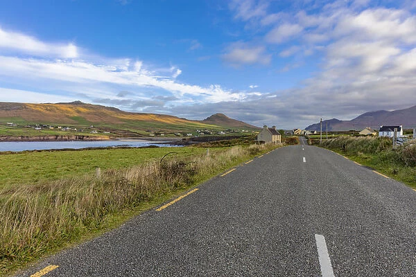 Slea Head Drive leads into small town of Ballyferriter on the Dingle Peninsula, Ireland