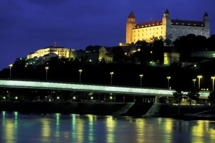 Framed Print : Slovakia, Bratislava. Evening view of Bratislava Castle and Slovak National Parliament