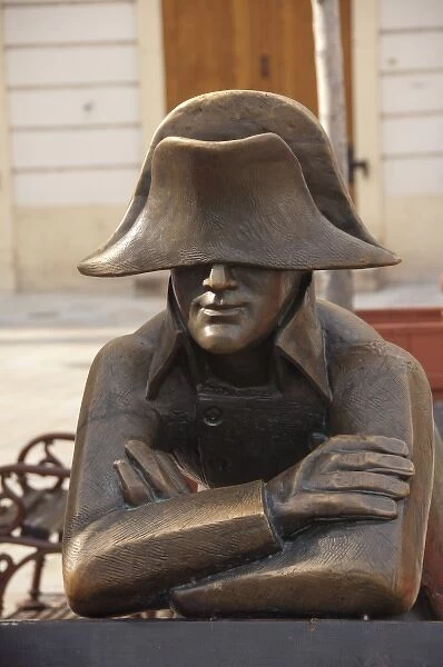 Slovakia, Bratislava. Historic downtown Main Square. Bronze Napoleon statue