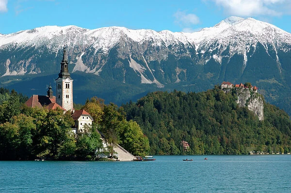 Slovenia, Bled, Lake Bled, Bled Island, Bled Castle and Julian Alps