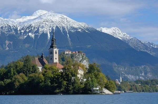 Slovenia, Bled, Lake Bled, Bled Island, Bled Castle and Julian Alps