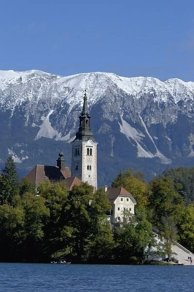 Slovenia, Bled, Lake Bled, Bled Island and Julian Alps