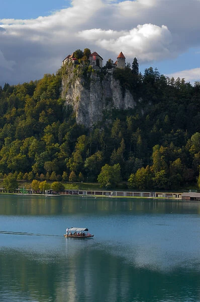 05. Slovenia, Bled, Lake Bled, pletna boat and Bled Castle (Editorial Usage Only)