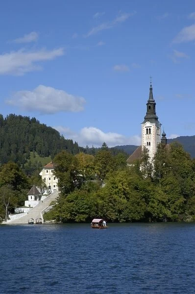 Slovenia, Bled, Lake Bled, pletna boat and Bled Island stairs