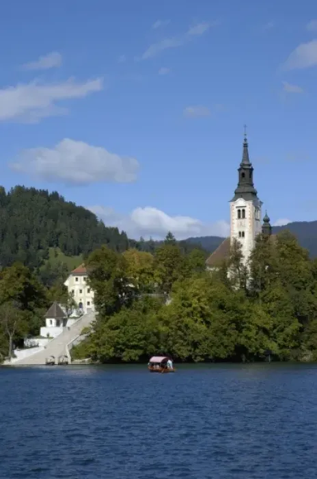 Framed Print : Slovenia, Bled, Lake Bled, pletna boat and Bled Island stairs Framed Print : Slovenia, Bled, Lake Bled, pletna boat and Bled Island stairs